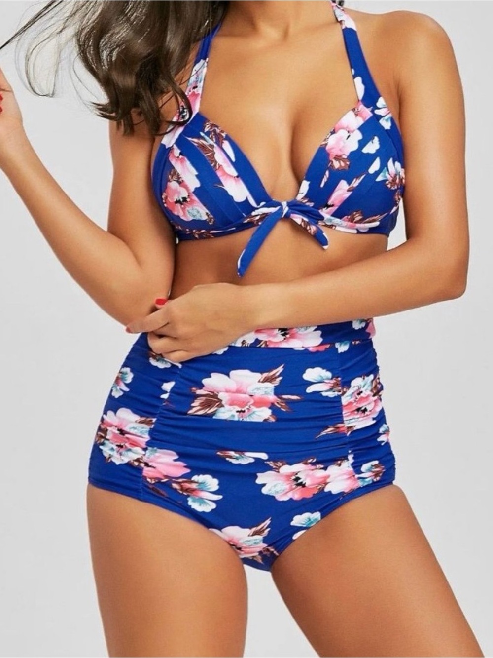 COCOSHIP Blue Floral Halter Bikini Set with Pink & Teal Accents